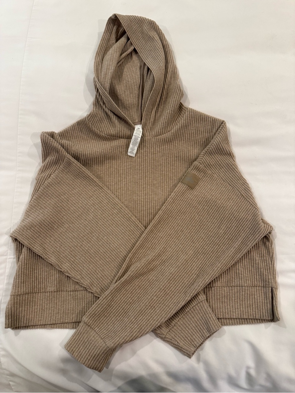 Alo Ribbed Hooded Women's Sweater in Taupe